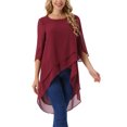 thumbnail image 4 of INSPIRAR CHIC Blusa de Chifón Asimétrica de Cuello Redondo para Mujer con Mangas de 3/4 y Volantes, Color Rojo Vino, Talla M, 4 of 6