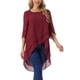 thumbnail image 4 of INSPIRAR CHIC Blusa de Chifón Asimétrica de Cuello Redondo para Mujer con Mangas de 3/4 y Volantes, Color Rojo Vino, Talla M, 4 of 6