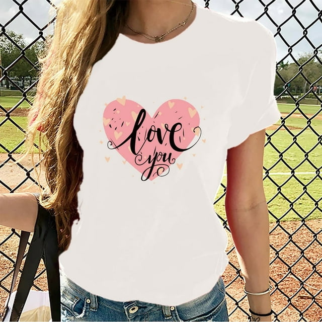 TIMIFIS Hauts à Manches Courtes pour la Saint-Valentin pour Femmes Mode Décontractée Col Rond Imprimé Cœur d'Amour T-Shirt d'Été Ample Col Rond