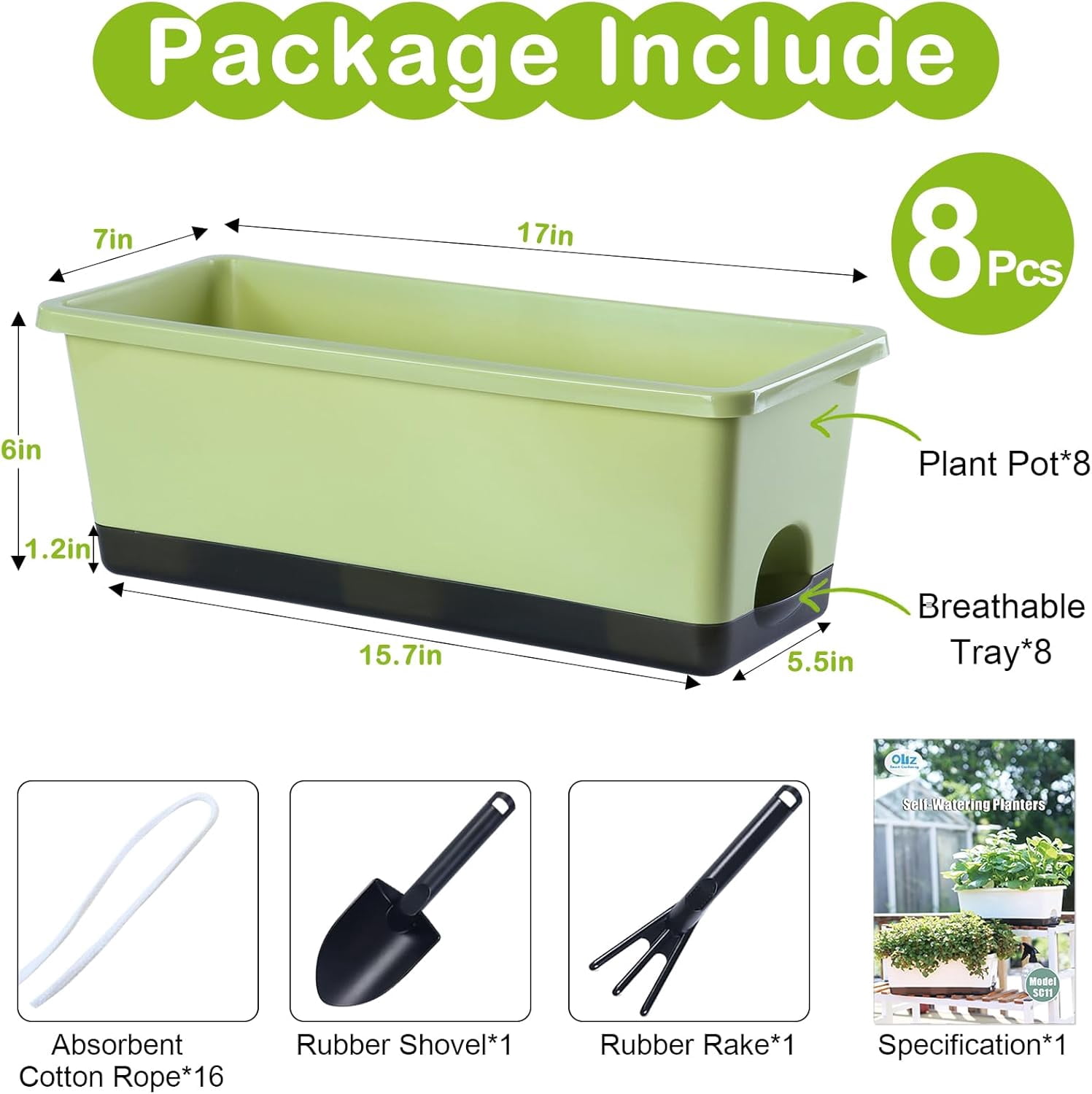 Window Box Planter 8 Pcs, 17 Inches Rectangle Flower Pots with Drainage Holes and Trays, Vegetable Planters for Windowsill Patio Garden Balcony Home Porch Yard Indoor Outdoor (Blue)