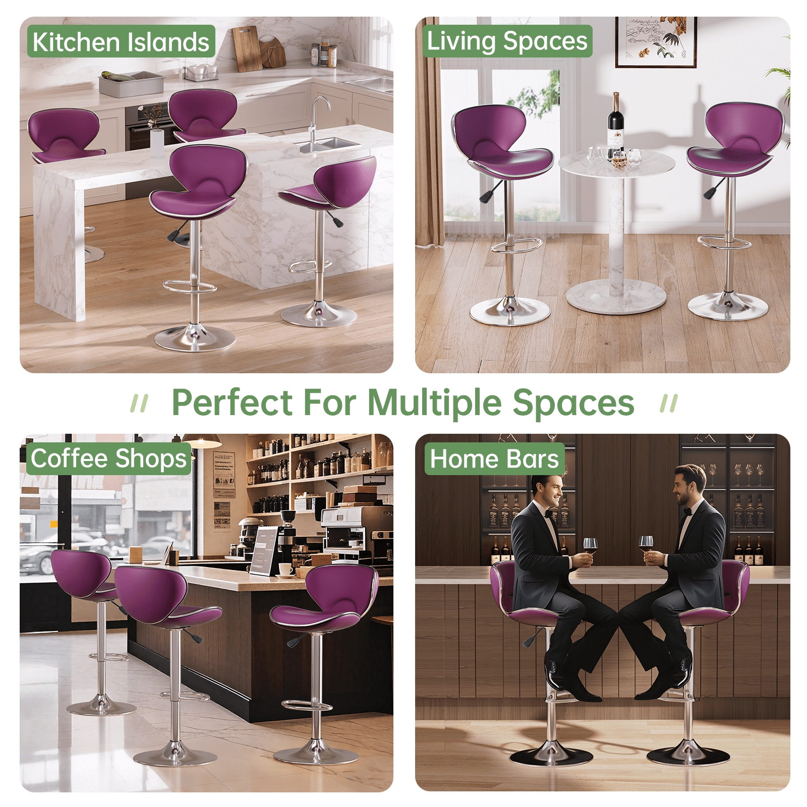 Bar Stools Set of 2, Adjustable Swivel Barstools, Modern PU Leather Counter Height Stools with Back and Footrest for Island, Dining, Bistro, Pub (Purple)