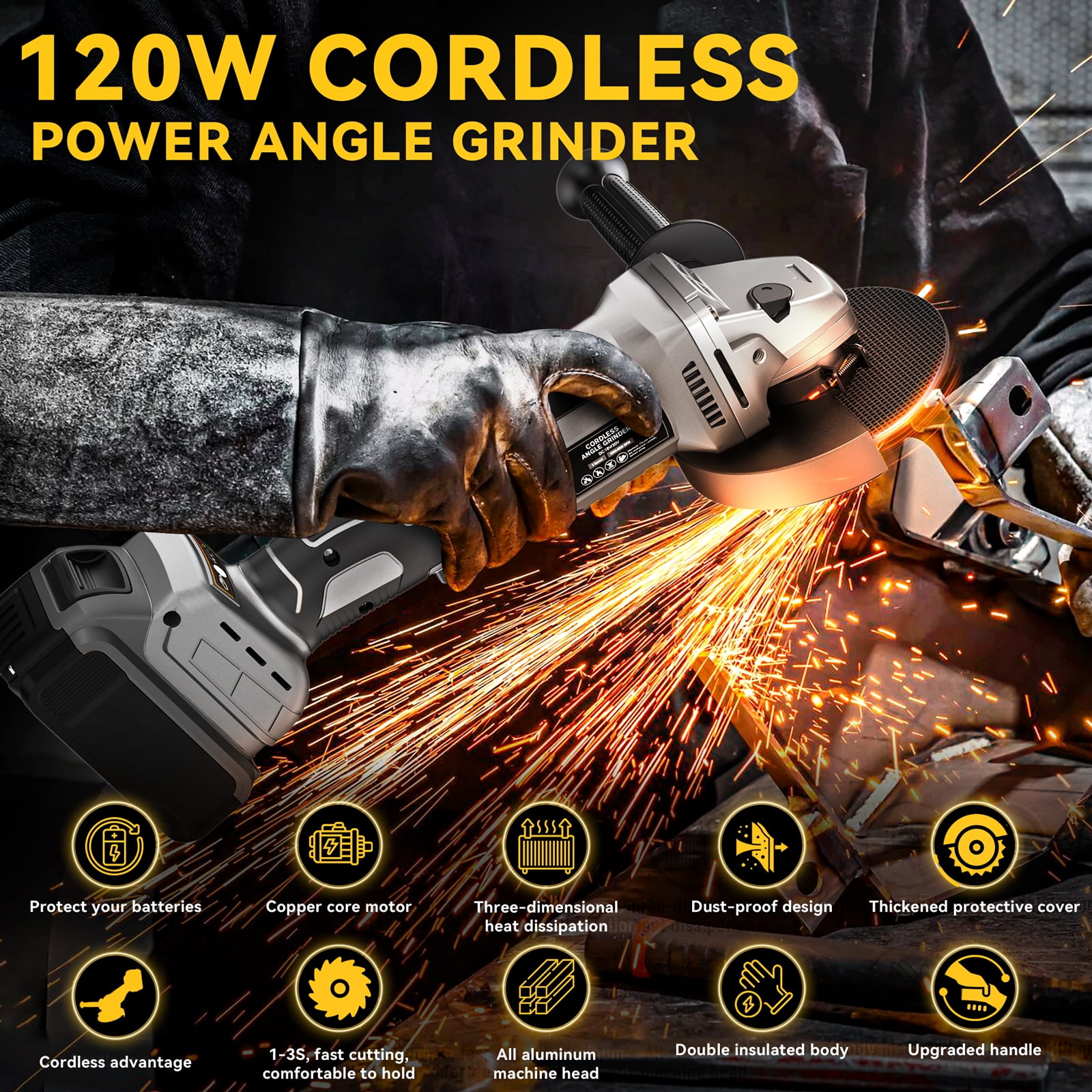 Cordless Angle Grinder for DeWALT 20v Battery: 8500RPM Brushless Grinder Tool- 5/8''-11 Spindle Small Angle Grinder for 4-1/2'' Wheels, 3 Variable Speed Settings for Cutting, Grinding, Bare Tool