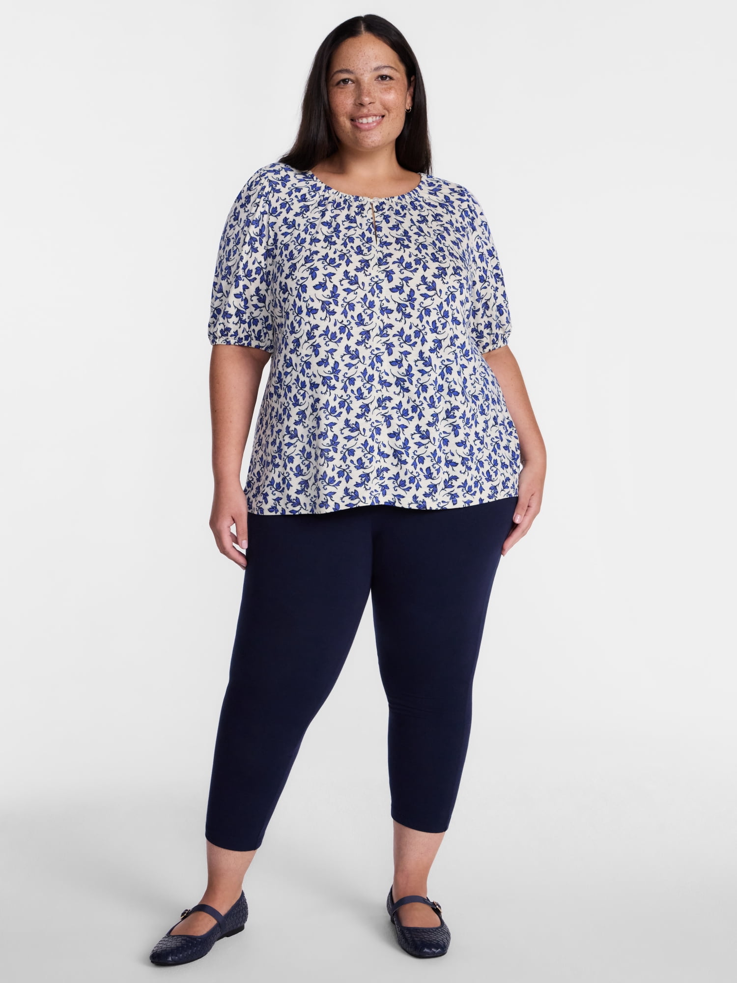 Terra & Sky Women's Plus Scoop Neck Top with Short Puff Sleeves, Sizes 0X-5X