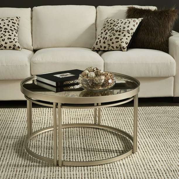 Weston Home Glenn Champagne Silver, White Round Table Top Mirror With Lights For Living Room