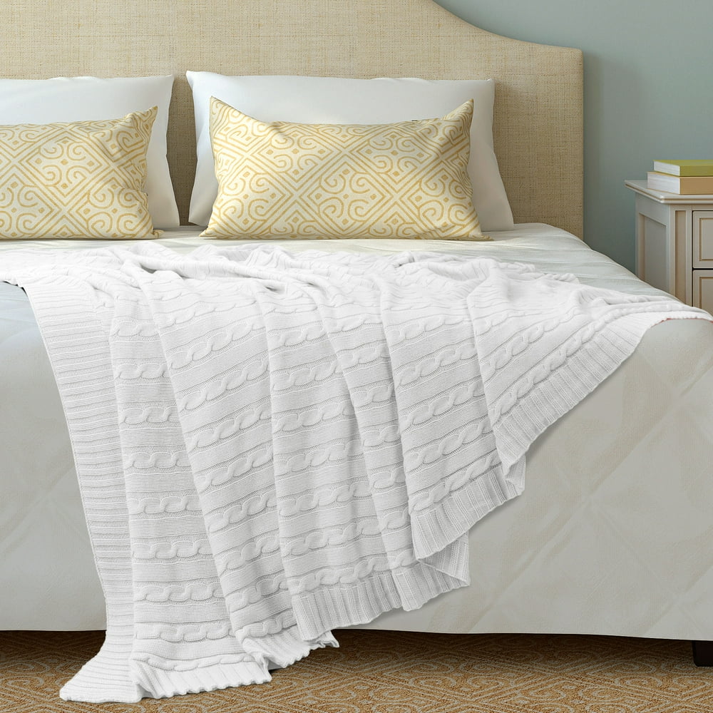 Soft 100 Cotton Cable Knit Throw Blanket for Couch Bed Sofa White