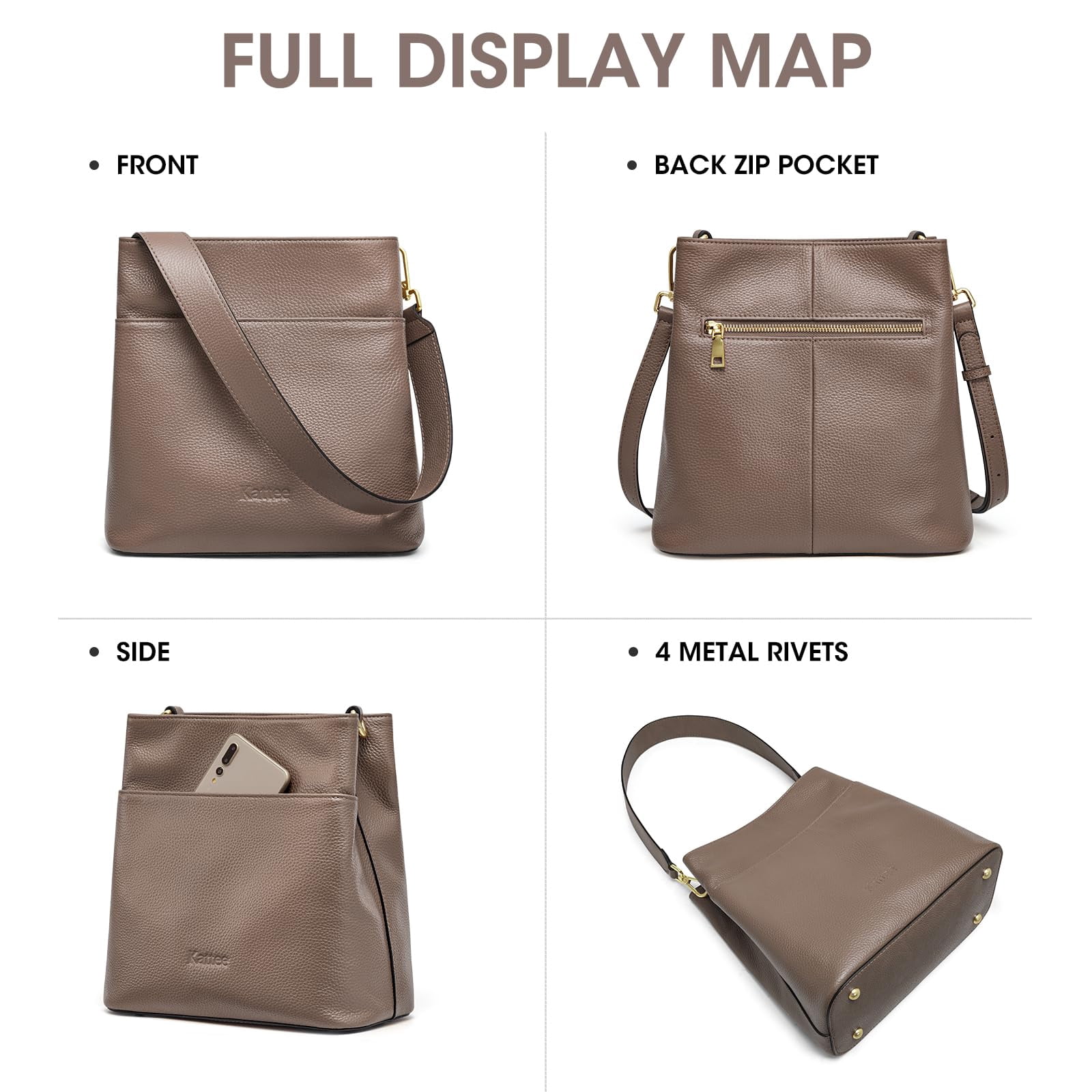 Kattee Leather Handbags for Women, Medium Soft Shoulder Tote Crossbody Purses Bucket Bags with 2 Straps