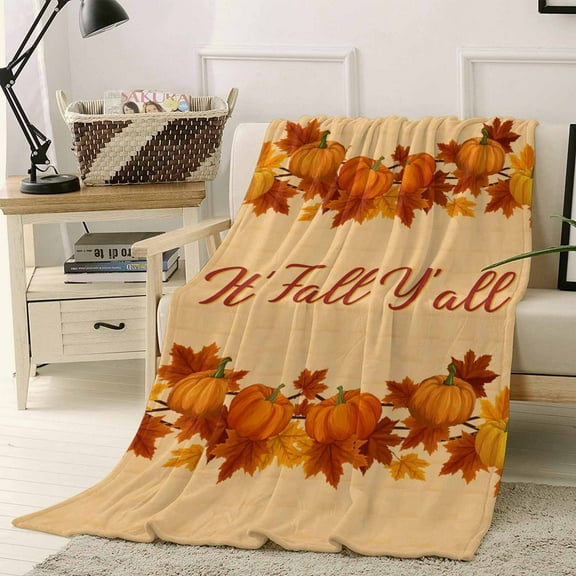 It's Fall Y'all Orange Thanksgiving Pumpkin Maple Leaf Harvest Throw Flannel Blanket 40x50In Super Soft Cozy Bed Blanket, Lightweight Plush Fuzzy Bed Throw for Bedroom Sofa Couch Living Room