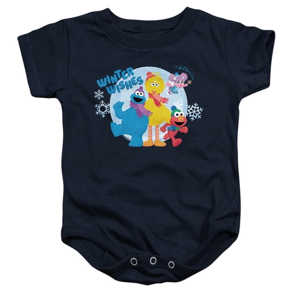 Sesame Street Winter Wishes Elmo, Cookie Monster, Big Bird Unisex Infant Snap Suit for Baby, Navy, Small