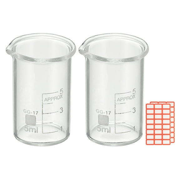 5ml Glass Beaker, 2 Pack Measuring Glass Beaker Graduated Borosilicate Lab Cups Mug Low Form  Heat Safe Transparent with Spout Label for Laboratory Science Kitchen Liquids