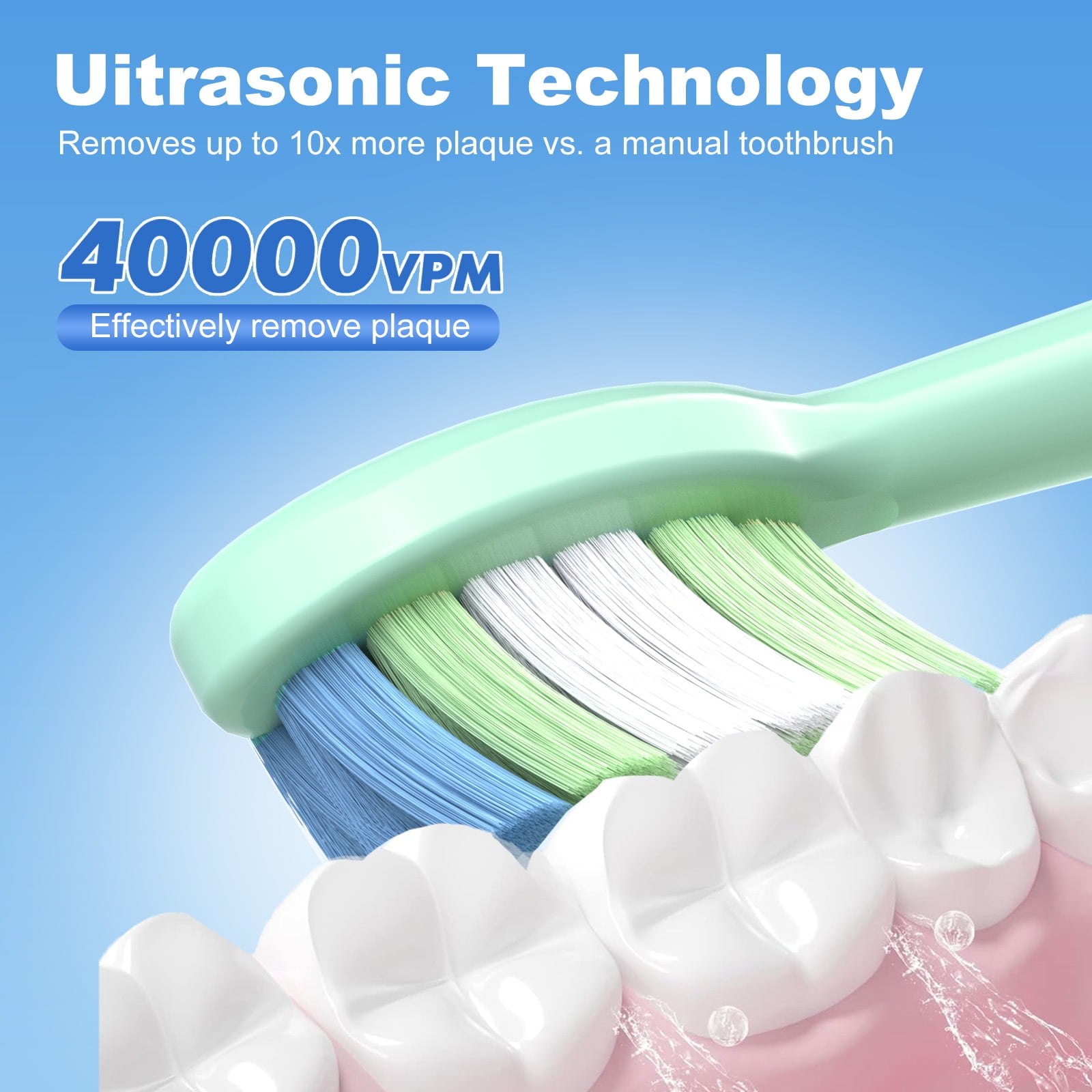 JTF Sonic Electric Toothbrush for Adults and Kids with Travel Case and 6 Brush Heads, 5 Modes 40000 VPM Rechargeable Power Toothbrush with Wireless Charger, IPX7 Waterproof 60-Day Battery Life, Green