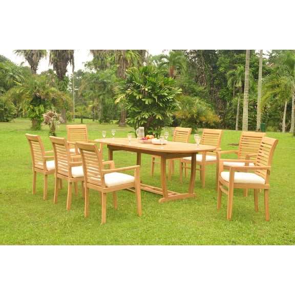 Grade-A Teak Dining Set: 8 Seater 9 Pc: 94" Mas Oval Trestle Leg Table And 8 Mas Stacking Arm Chairs Outdoor Patio WholesaleTeak #WMDSMS27