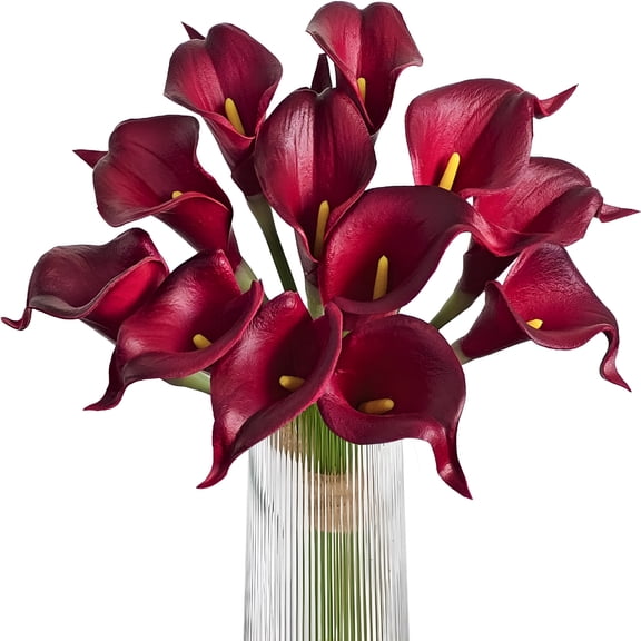 TUWAFE 12 Pcs Artificial Calla Lily Flowers Dark Red, Faux PU Real Touch Floral Stems for Wedding Bouquets Home Decor