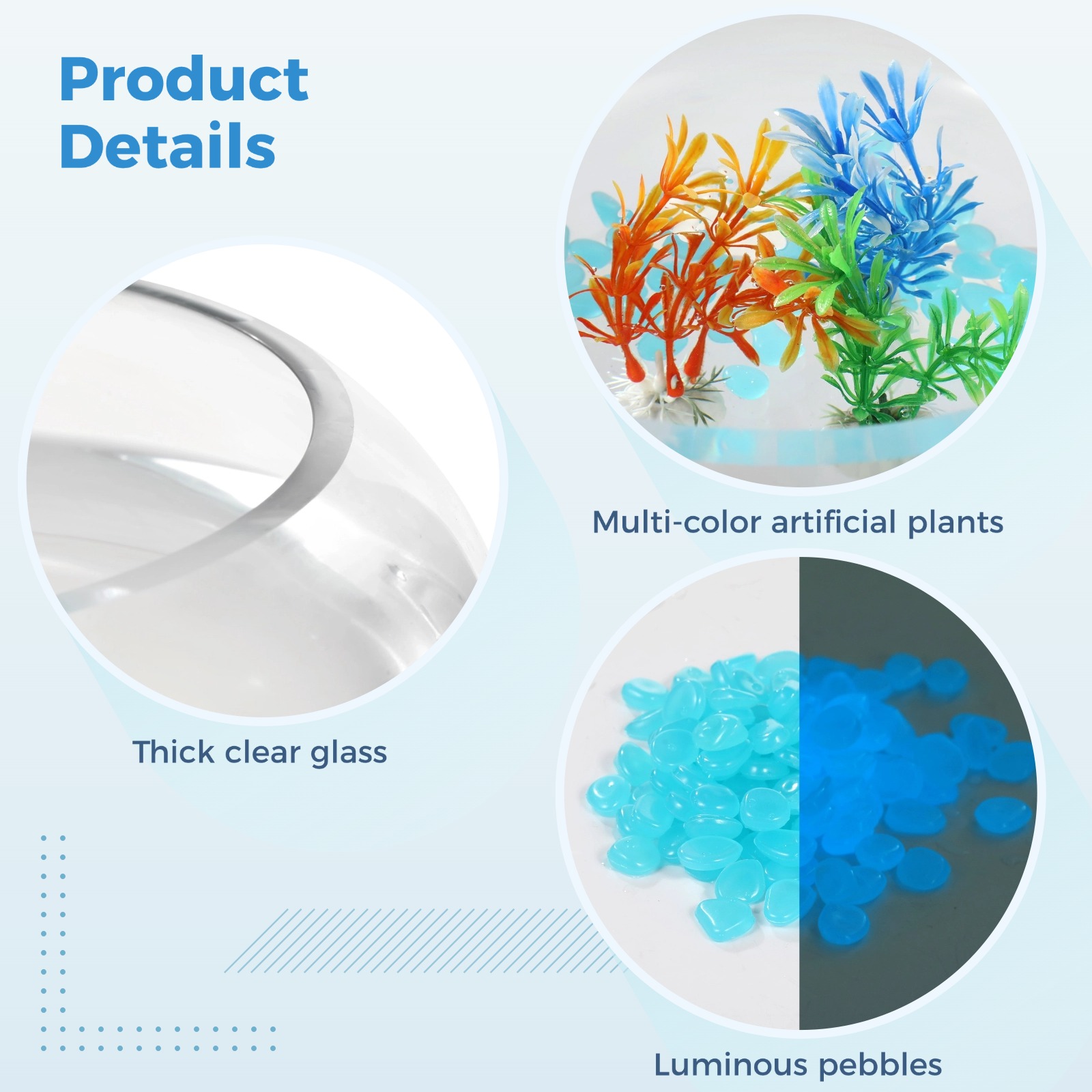 Glass Fish Bowl with Luminous Pebbles, Artificial Plants, and Net, Large Round Desktop Fishbowl, Transparent Decorative Aquarium Kit for Home Office Decor