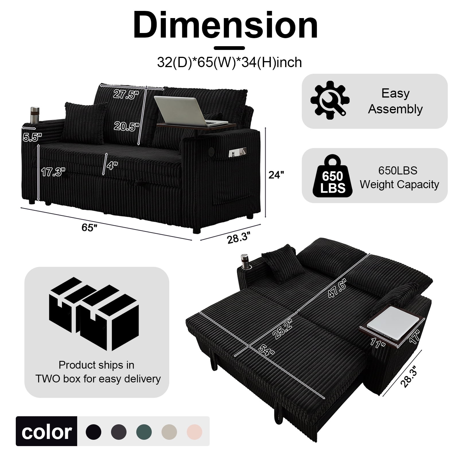 Aisword 3 in 1 Convertible Sofa Bed, 65” Sleeper Sofa with Pull Out Couch Bed, Corduroy Loveseat with 360° Swivel Side Table | USB Port | Adjustable Backrest for Living Room, Apartment (Black)