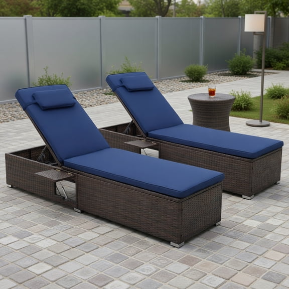 GVN Reclining Chair,Outdoor Chaise Lounge,Patio Chaise Lounge Set of 2 with Backrest Seat Cushion and Headrest-Navy