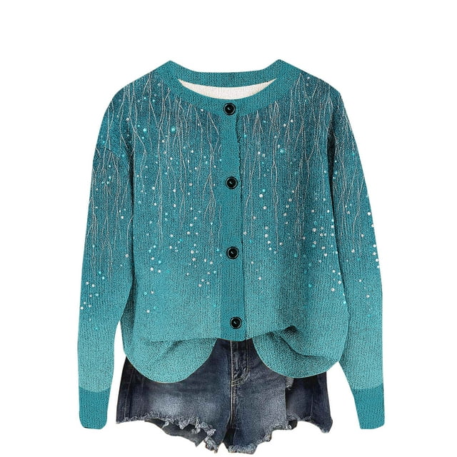 Économies d'Automne! srobpty Cardigan à Manches Longues pour Femmes, Cardigan Imprimé pour Femmes Bouton Col Rond Sans Capuche Décontracté Mode Bleu, G