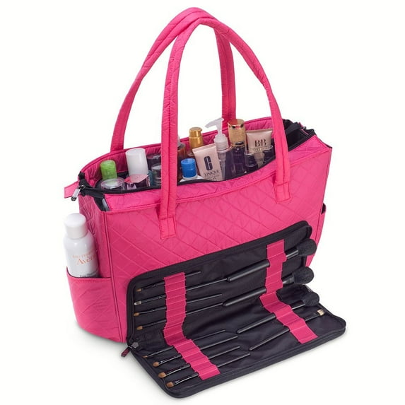 KIOTA Beauty Bag - Ideal for Bottles - Makeup Brush Storage Pocket and Outer Pockets - Quilted Finish Shoulder Bag Cosmetic Organizer - Bubblegum
