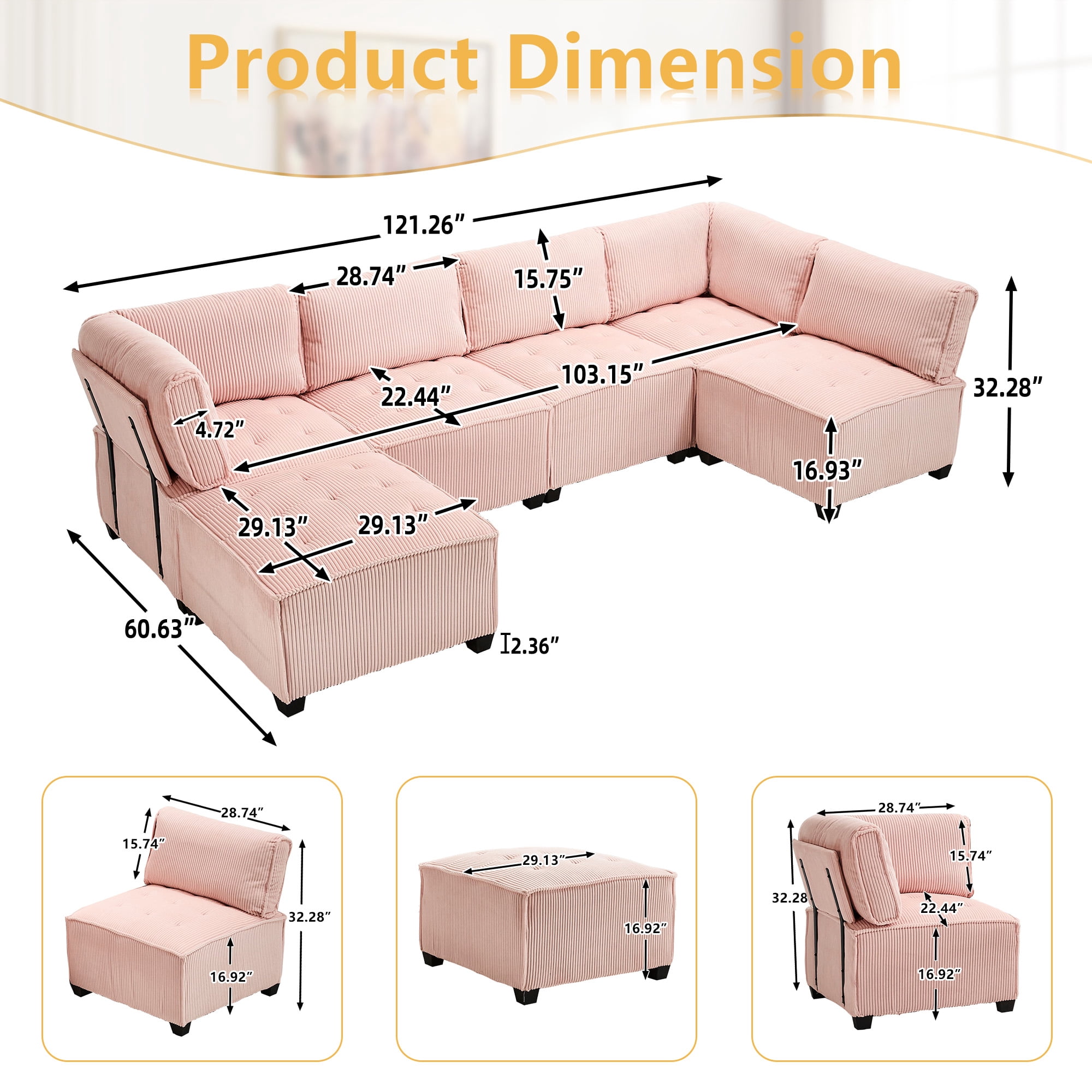MOONMISS U-Shaped Corduroy Upholstered 6-Seat Convertible Modular Sectional Sofa Fit for Living Room-Pink