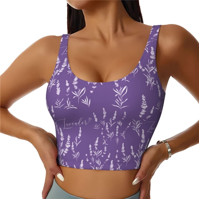 Fotbe Lavender Flowers Sujetador Deportivo Largo sin Aros para Mujer con Almohadillas y Soporte Medio, Transpirable y Absorbente, Camiseta Tipo Chaleco o Tank Top-Large