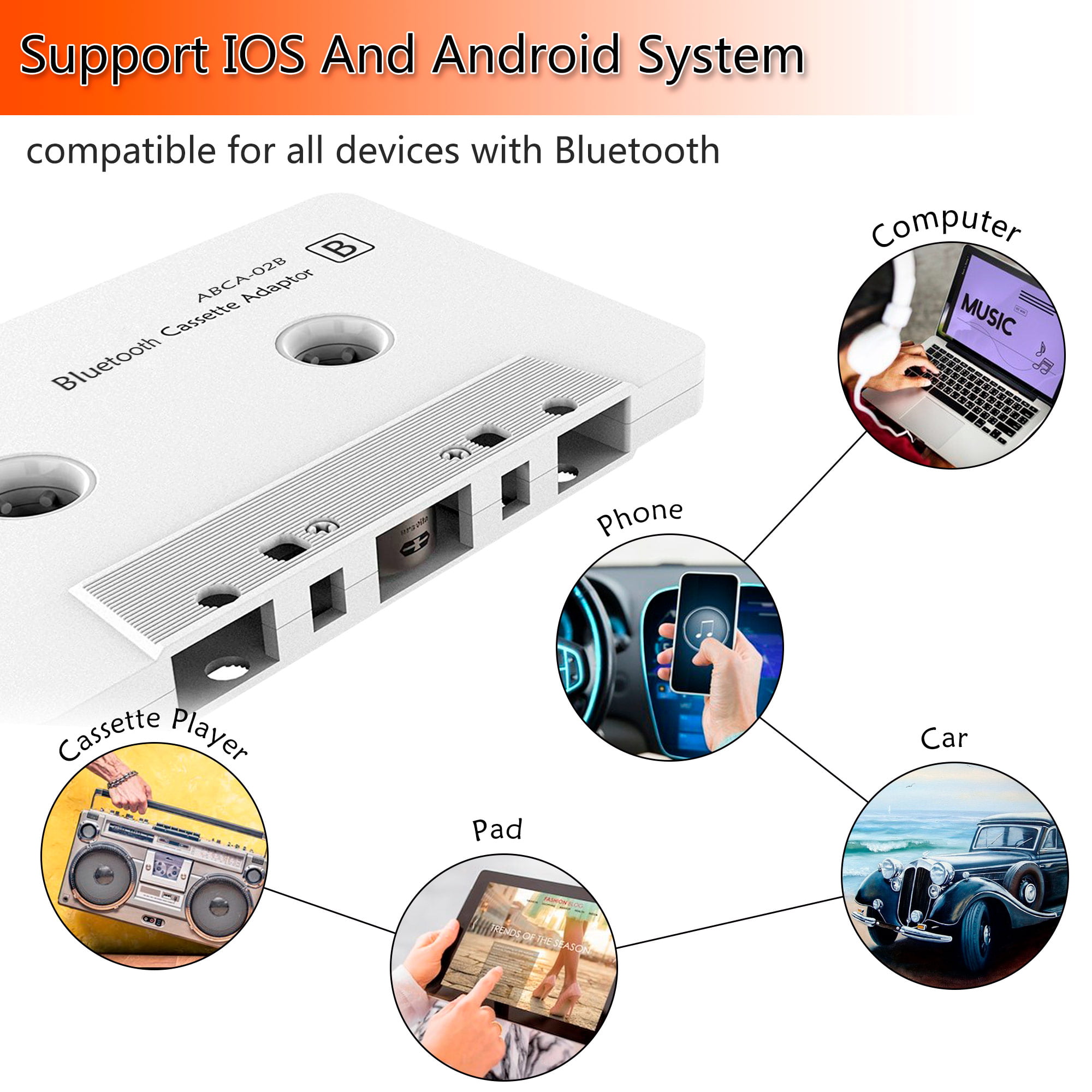 Arsvita Bluetooth 5.0 Cassette Adapter for Car, Wireless Audio Bluetooth  Cassette Aux Adapter for Tape Player Deck, White 