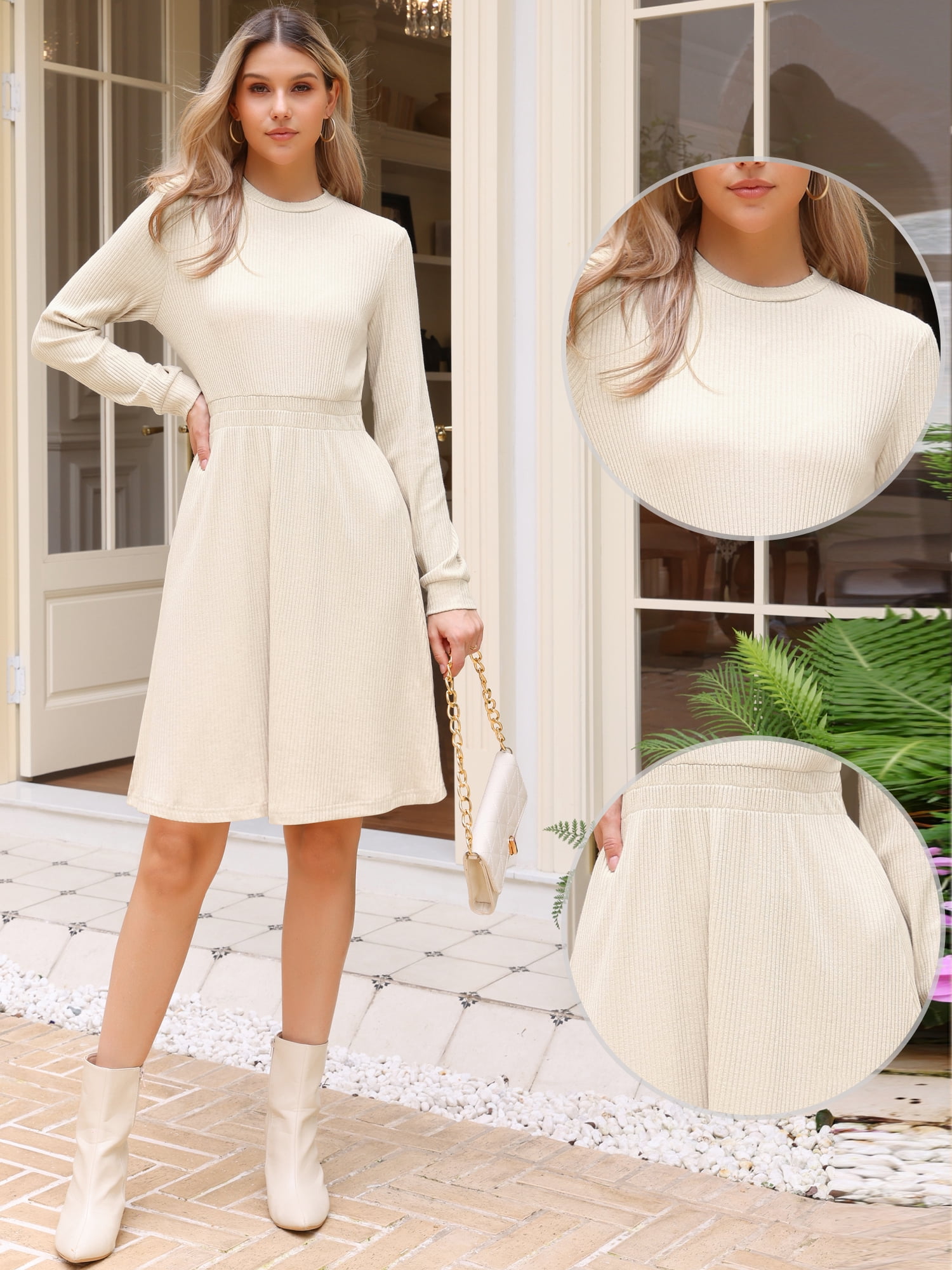 DARING DIVA Women's Long Sleeve Fall A-Line Ribbed Knit Crew Neck Dress M Apricot