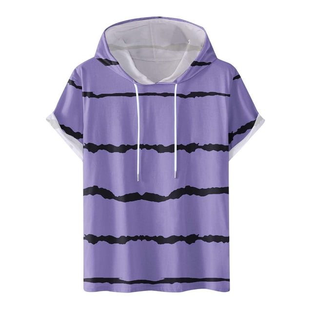 FAIWAD Men's Short Sleeve Hoodies Sweatshirt Striped Print Drawstring Athletic Lightweight Hoodies Tops