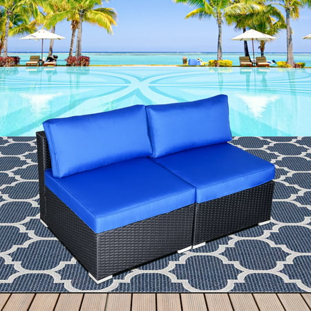 Superjoe Outdoor Furniture Patio Loveseat 2 Piece Rattan Sectional Sofa Black Wicker Dark Blue Cushions