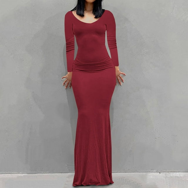 EQWLJWE Robes Moulantes pour Femmes Élégantes Col Rond Ajusté Manches Longues Aguichant sous-Couche Robe Nuisette