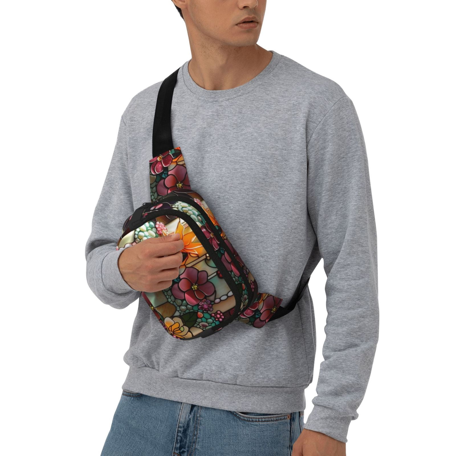 Picia Stained Glass Floral Cake Print Square Double-Layer Waist Bag Mini Adjustable Waist Belt Bag Exercise Running Travel Hiking