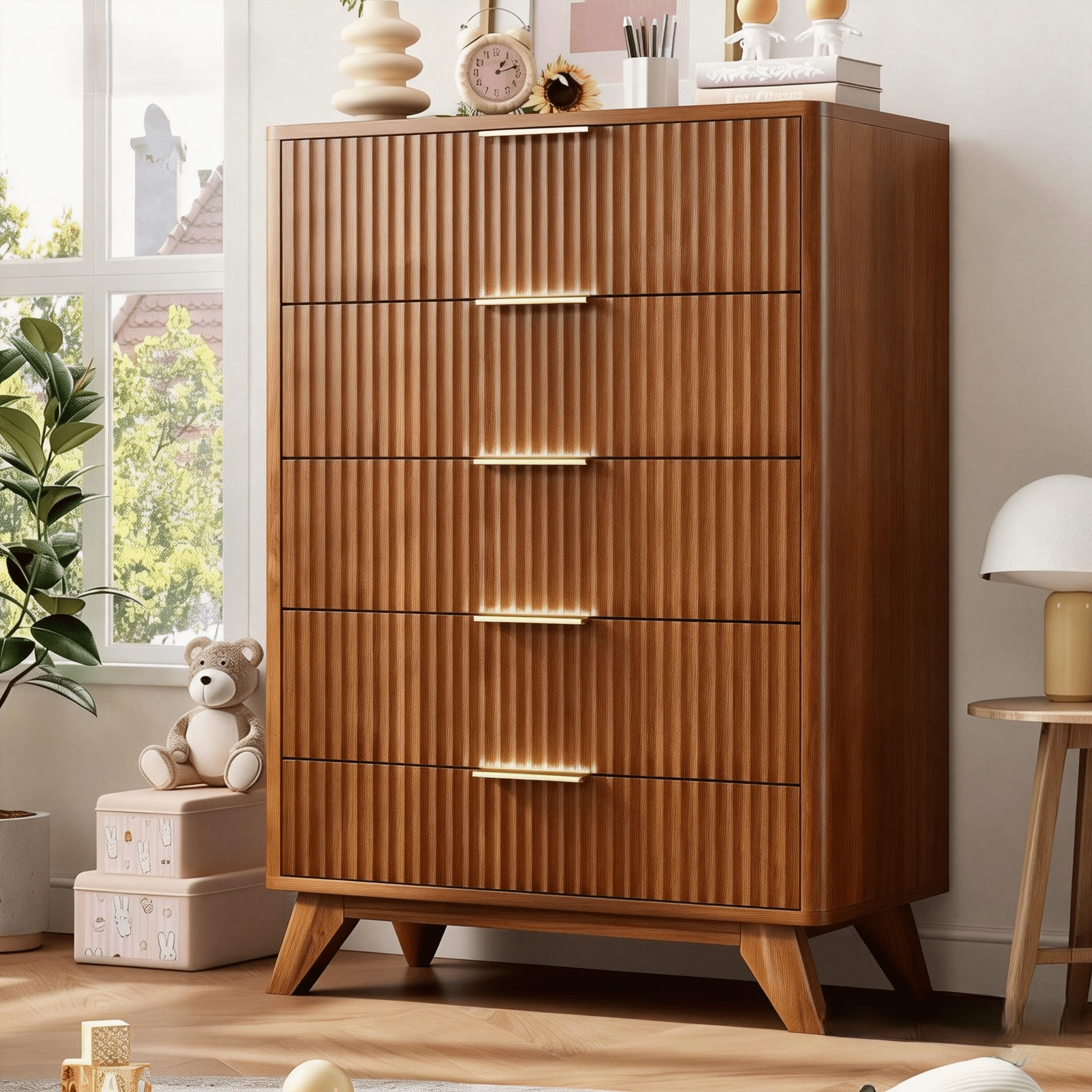 Ktaxon Fluted Tall 5 Drawer Dresser Solid Wood Chest of Drawers with Soft Close Slides Storage Cabinet for Bedroom Living Room Entryway Walnut