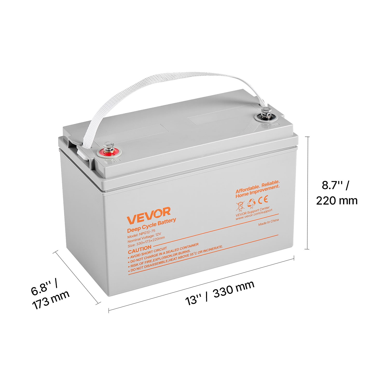 VEVOR 12V 75Ah Deep Cycle Battery, Sealed AGM Technology, Rechargeable Lead Acid AGM Battery, Backup Replacement for Scooters, Electric Mobility Wheelchair, Solar System Off-Grid Home Energy Storage