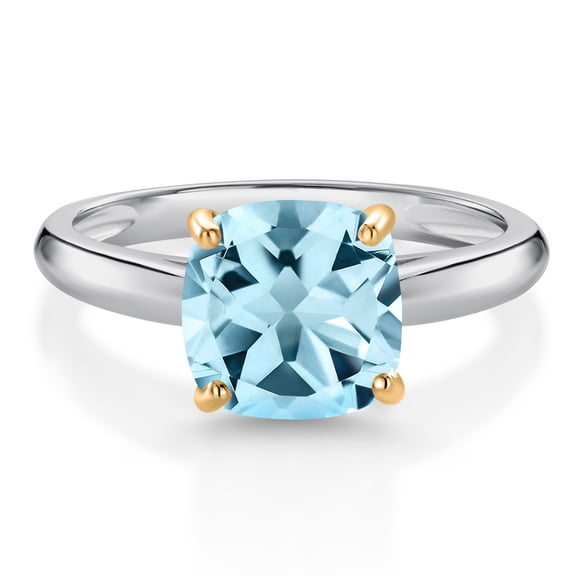 Gem Stone King 925 Sterling Silver and 10K Yellow Gold Sky Blue Topaz Solitaire Engagement Ring for Women (2.80 Cttw, Cushion 8MM, Gemstone November Birthstone, Size 8)