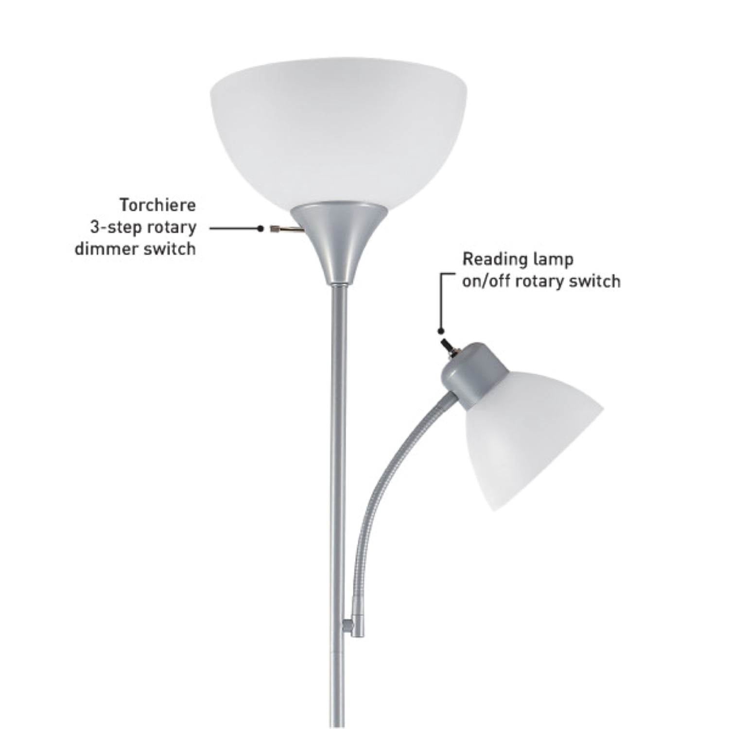 Globe Electric Delilah 72" Silver Torchiere Floor Lamp with Reading Light