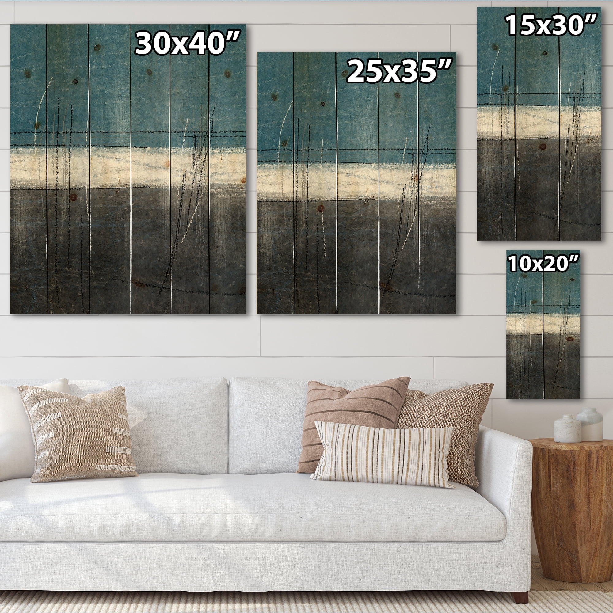 Designart 'Grey Meet Teal Abstract Art' Modern Print on Natural Pine Wood