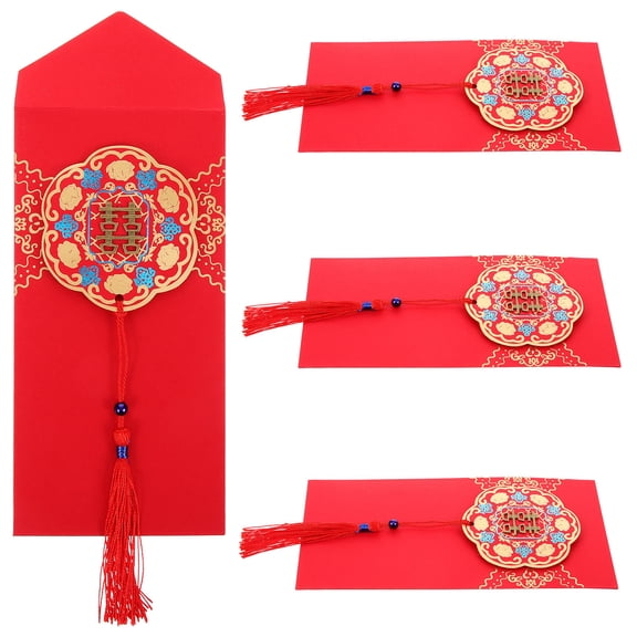 FELTECHELECTR 4Pcs Traditional Red Envelopes for Wedding Party and Birthday Celebration 8.1X3.7X0.1In