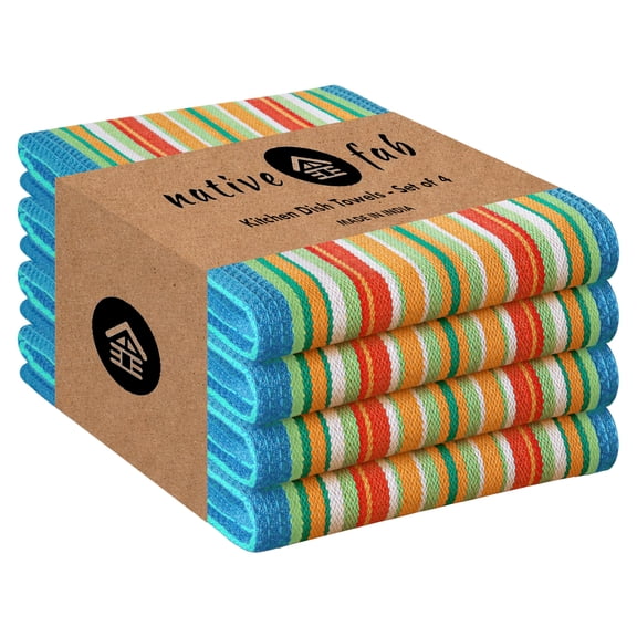 Native Fab Mexican Salsa Stripe Dish Towels, 4 Pack, 18x28", Super Absorbent, 100% Cotton Kitchen Towels for Drying, Reusable, Washable Towels for Everyday Cooking and Cleaning, Turquiose Blue