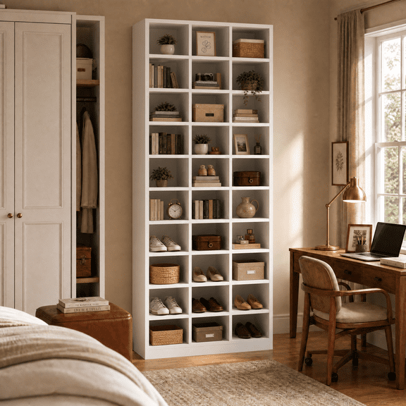 KIOOTTO 25.59" White 10-Tier Shoe Cabinet with 30 Cubbies, Entryway Organizer