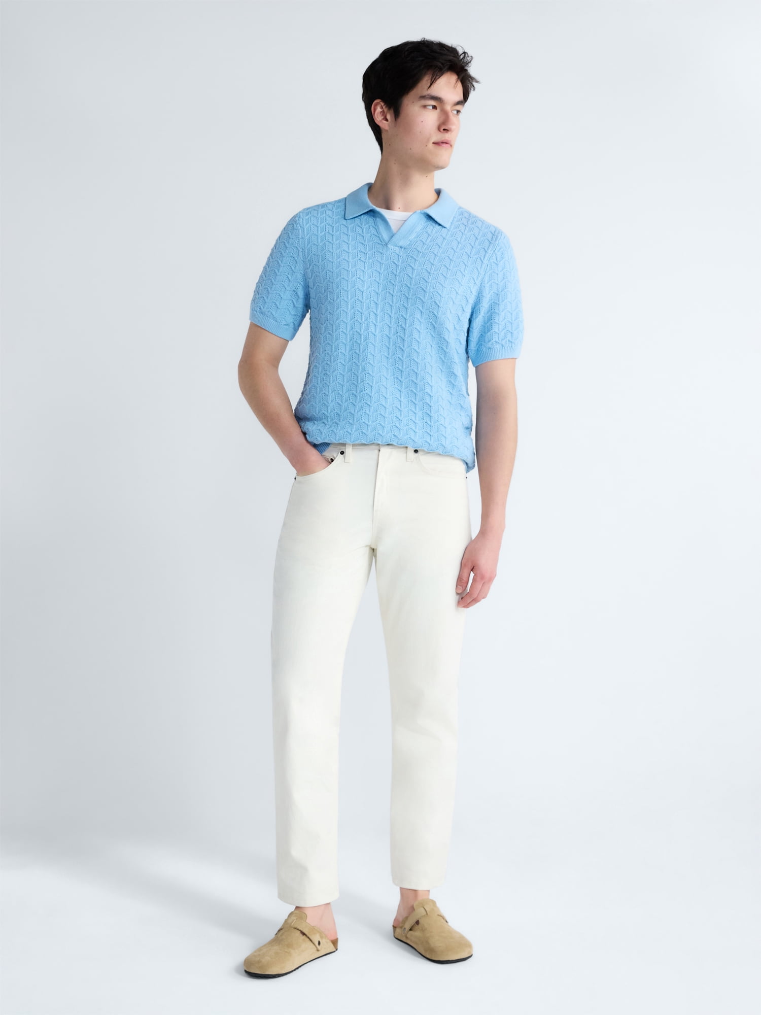 Free Assembly Men's Wavy Stitch Cotton Polo Sweater with Short Sleeves, Sizes S-3XL