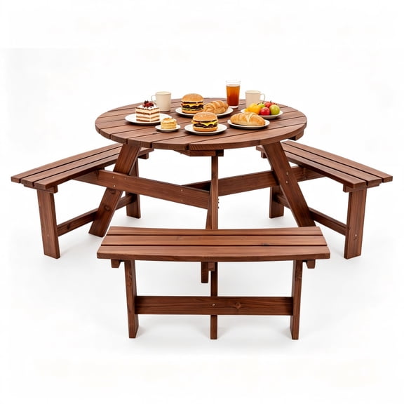 6 Person Wooden Picnic Table, Circular Picnic Tables with 3 Built-in Benches, Outdoor Dining Table and Chairs Set with Umbrella Hole for Garden, Patio, Backyard