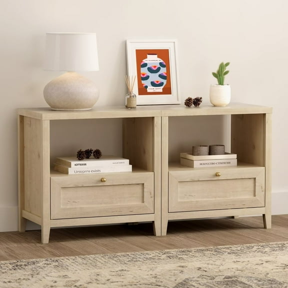 EYYTHUNG Farmhouse Nightstands Set of 2 with Drawer, Modern 24" Wide End Table, Mid Century Night Stand Large Wooden Bedside Table with Open Shelf, Light Oak