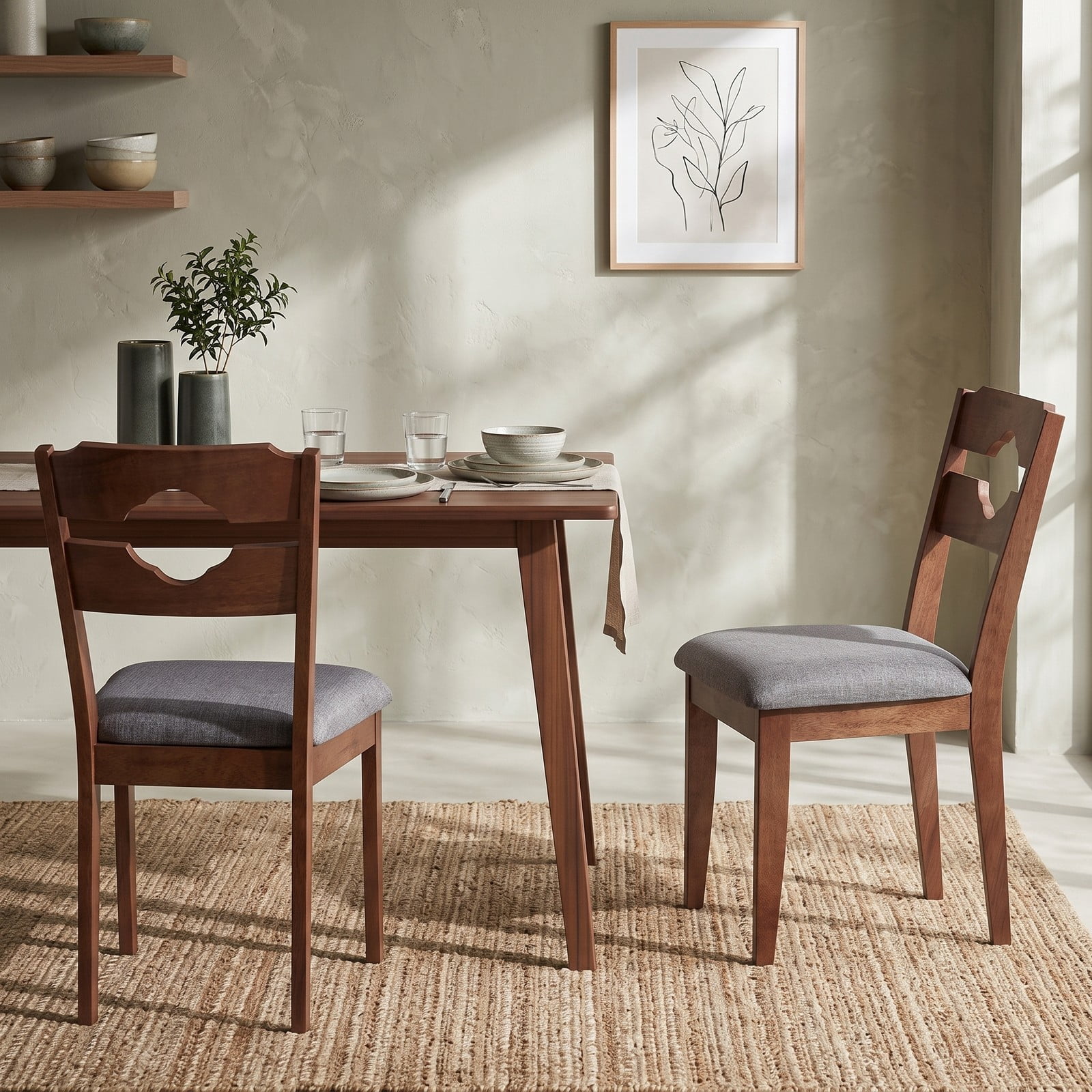 Furnibear Dining Chair Set of 2, Fabric Upholstered Kitchen Chairs with Padded Seat, High Curved Backrest and Solid Rubber Wood Legs for Dining Room, Brown and Gray