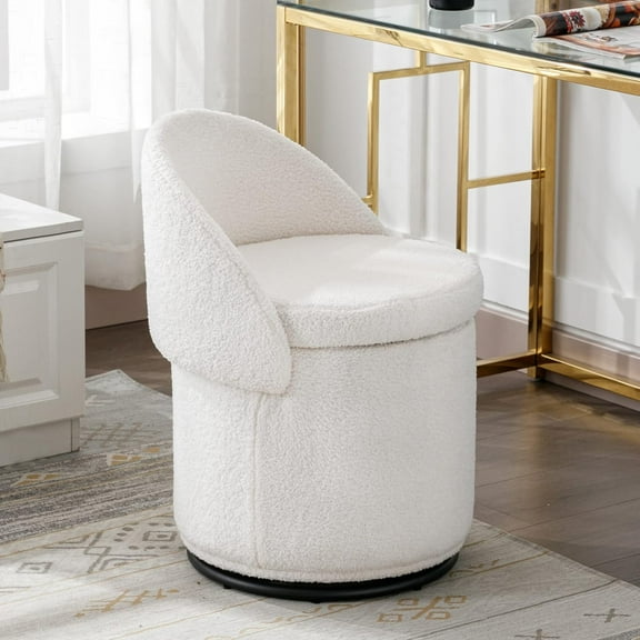 Modern Round Swivel Vanity Storage Stool with Foldable Backrest, Upholstered Ottoman with Removable Lid, Footrest Makeup Stool for Living Room Bedroom, Sherpa White