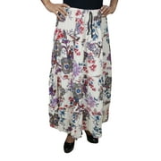 Mogul Womens Long Skirt Floral Print Bohemian Style White Tiered Elastic Waist A-Line Gypsy Hippie Maxi Skirts