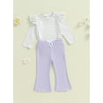thumbnail image 3 of Musuos Kid Girls Spring Fall Outfit, 1-5Years Striped Long Sleeve Ruffled Crewneck Tops Elastic Waist Long Flare Pants Outfits, 3 of 9