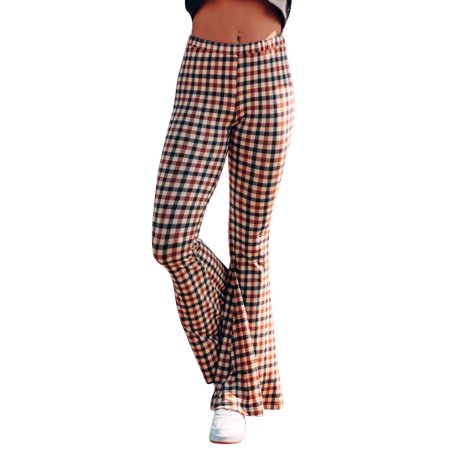 

Ziloco Fashion Women Ladies Flare Pants Plaid Printing Casual Pants Trousers maternity pants Brown M