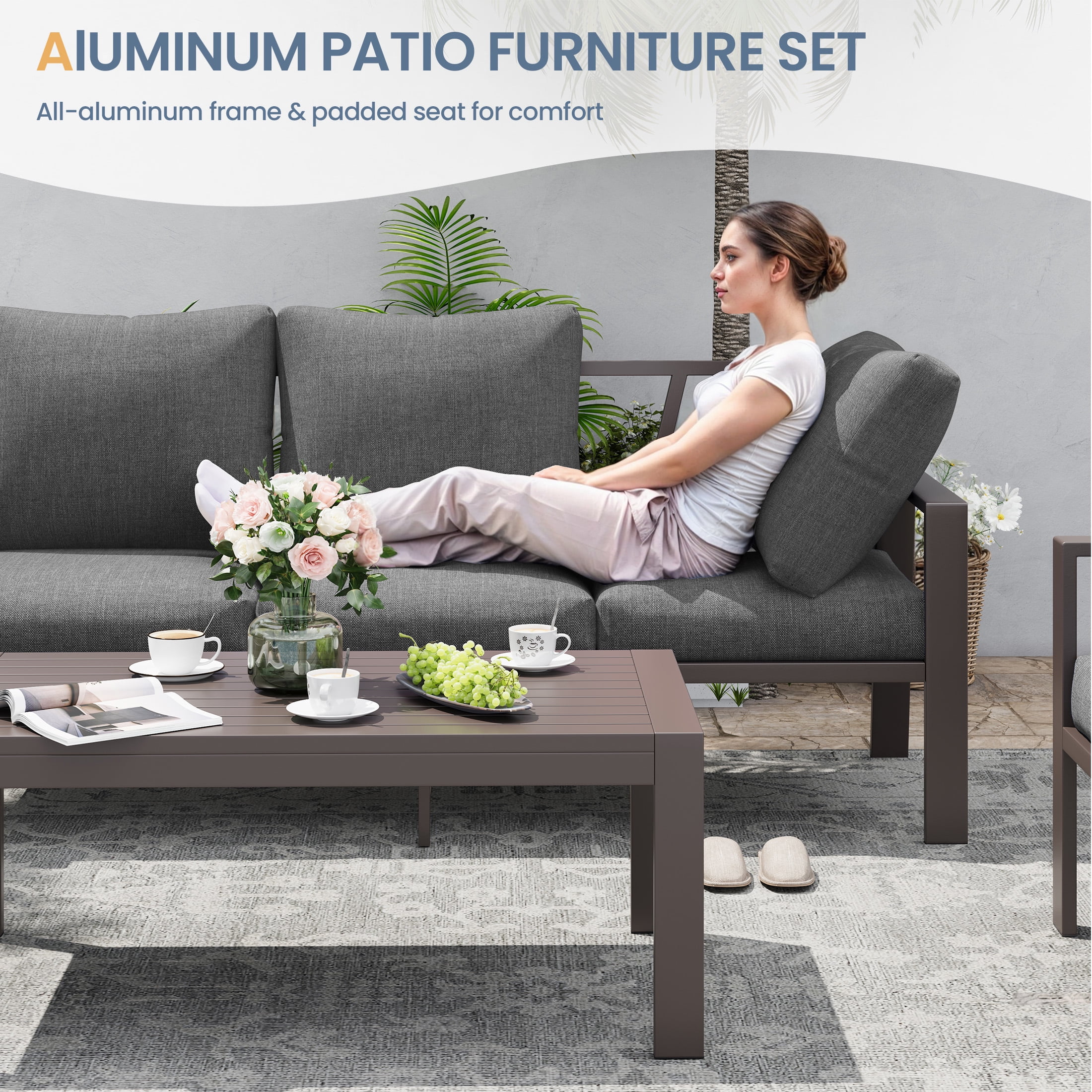 UDPATIO Aluminum Patio Furniture Set, Contemporary Outdoor Couch Set, Aluminum Patio Conversation Set, Gray