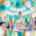 thumbnail image 3 of Teal Blue and Gold Birthday Party Decorations with Happy Birthday Banner,Foil Fringe Curtain,Tissue PomPoms,Star String Garland for Women Girls Party Decorations, 3 of 7