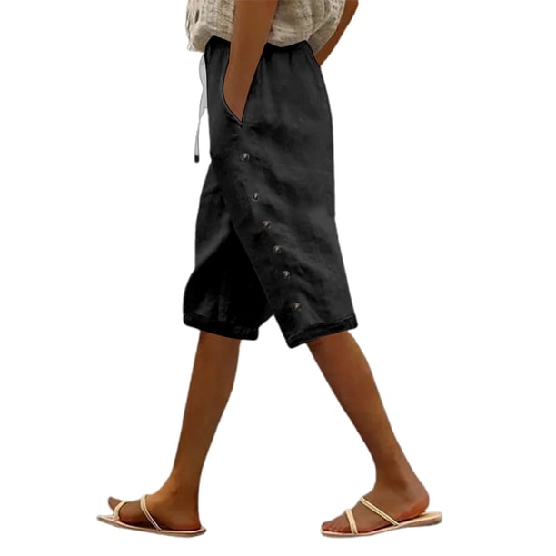 Pantalones capri con cintura elástica y botones laterales para mujer - Pantalones informales holgados de color liso