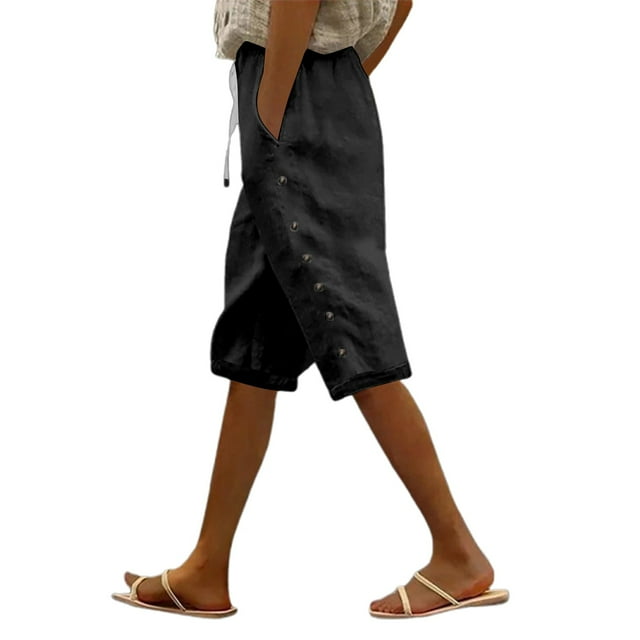 Pantalones capri con cintura elástica y botones laterales para mujer - Pantalones informales holgados de color liso