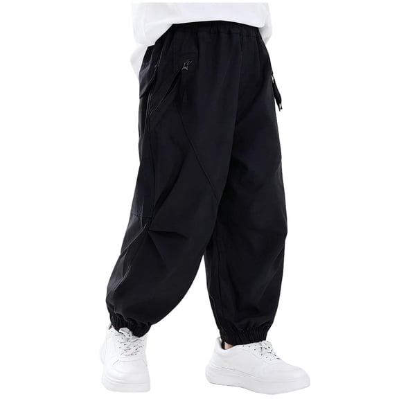 Nafuu Boys Pants Solid Color Casual Elastic Ankle Cargo For Kids Youth Teenage Loose Fit Comfortable Outdoor School Wear Classic Vacation Boys Slacks,Black,4-5 Years